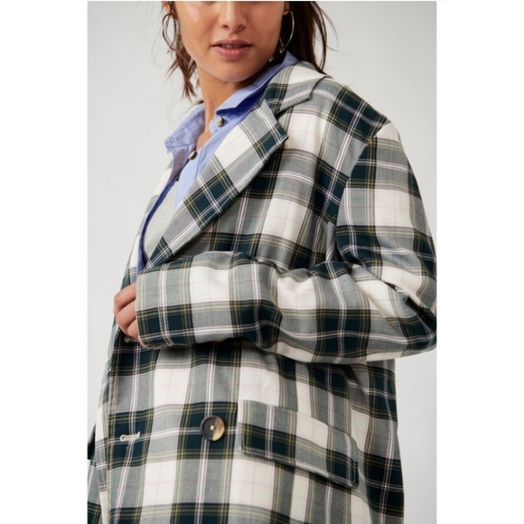 NWT Free People Freddie Longline Plaid Blazer Green Cream - Picture 9 of 9